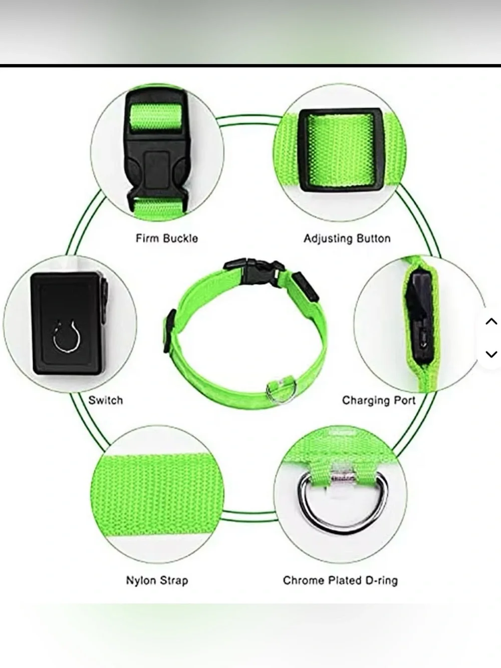 LED Dog Collar Light Up USB Rechargeable Night Safety Glow High Vis Green Size L